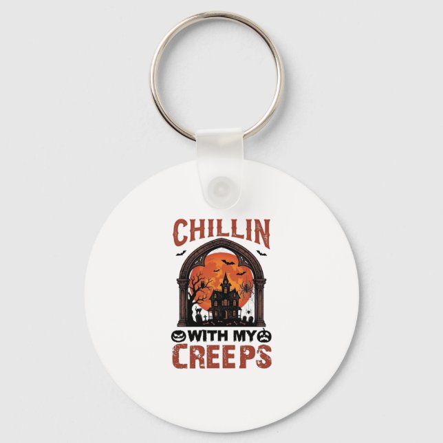 Porte-clés Maison hantée Halloween Chillin Creeps Lune Orange (Recto)