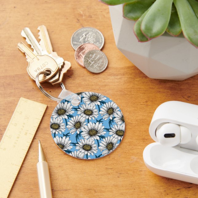 Porte-clés Maisonnettes, fleurs sauvages sur bleu (Bureau)