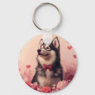 Porte-clés Malamute d'Alaska avec des roses - Saint-Valentin 