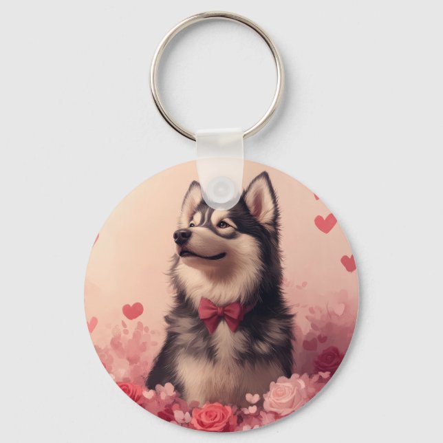 Porte-clés Malamute d&#x27;Alaska avec Rose - Saint-Valentin (Recto)