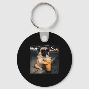 Porte-clés Mâle drôle de pug buvant du café glacé mème de chi
