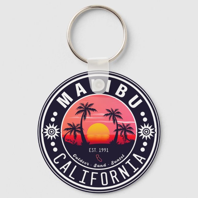 Porte-clés Malibu Ca Retro Coucher de soleil Palmiers Souveni (Recto)