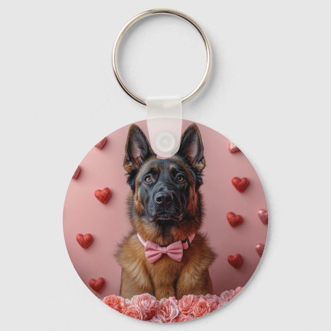 Porte-clés Malinois belge avec des roses - Saint-Valentin  (Recto)