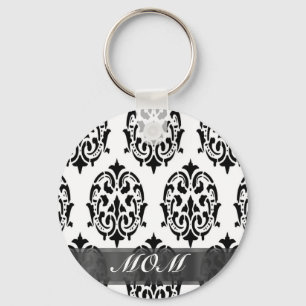Porte-clés Maman personnalisée noir et blanc damassé