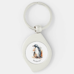 Porte-clés Manchot aquarelle tons de coucher de soleil, perso