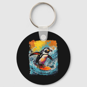 Porte-clés Manchot de surf d'oiseau de zoo vintage d'art popu