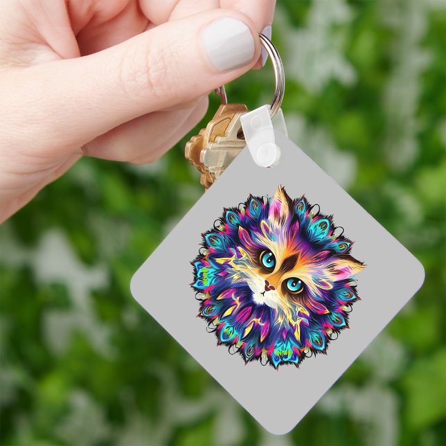 Porte-clés Mandala avec portrait de chat mignon et duveteux (Mandala with cute furry Cat portrait. Keychain)