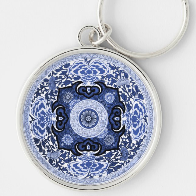Porte-clés Mandala blanc et bleu chinois antique (Devant)