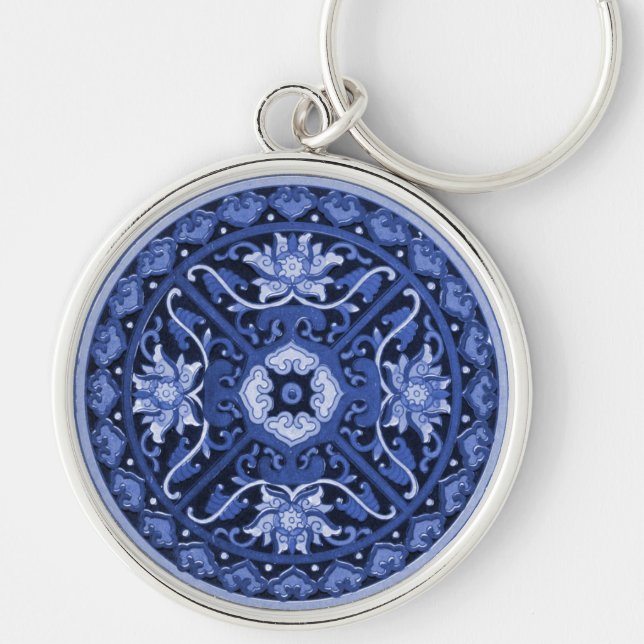 Porte-clés Mandala blanc et bleu chinois antique (Devant)