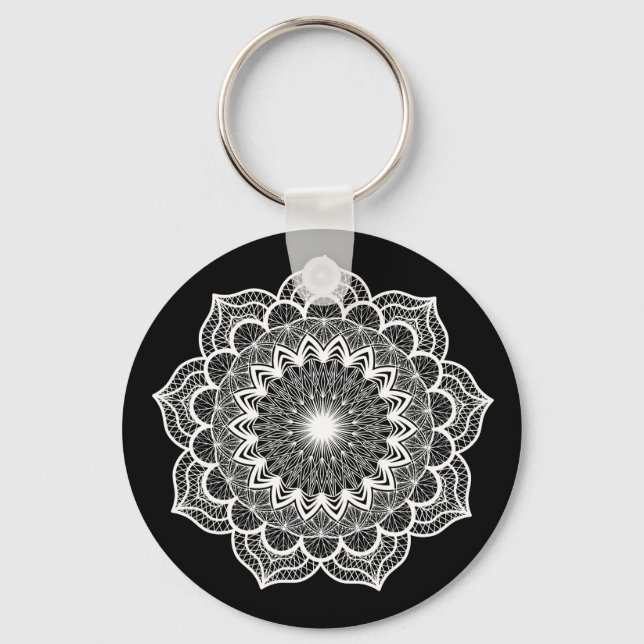 Porte-clés Mandala blanc sur fond noir (Verso)