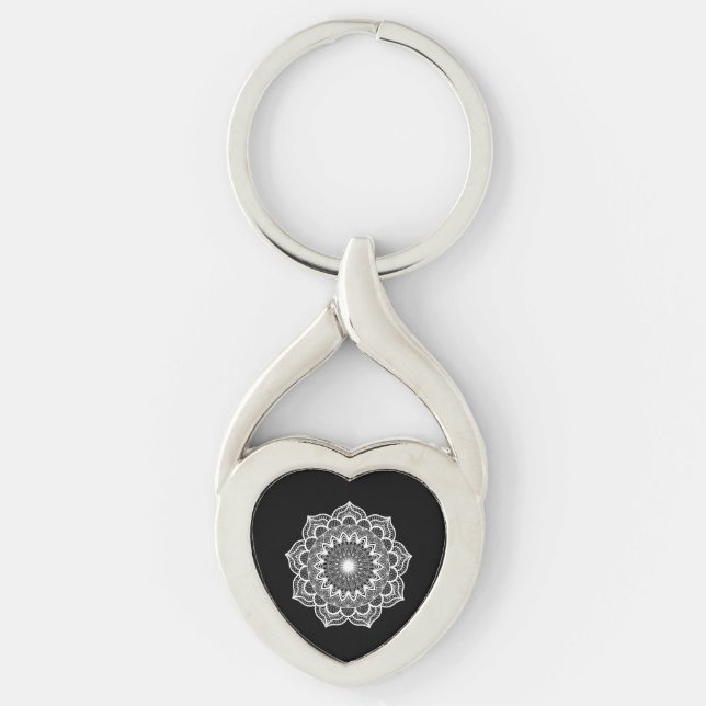 Porte-clés Mandala blanc sur fond noir (Devant)