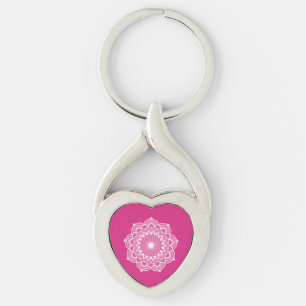 Porte-clés Mandala blanc sur fond rose