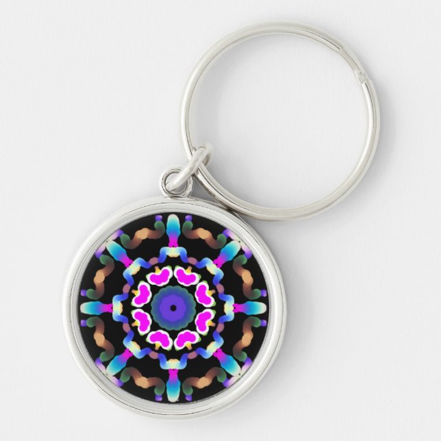 Porte-clés *~* Mandala bleu rose néon en noir (Devant)