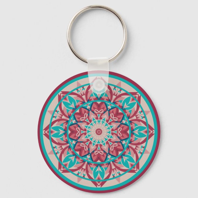 Porte-clés Mandala bohème rose et turquoise (Recto)