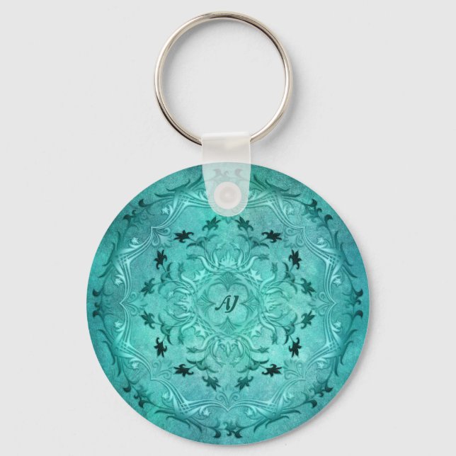 Porte-clés Mandala de grunge à fleurs ethniques turquoise (Recto)