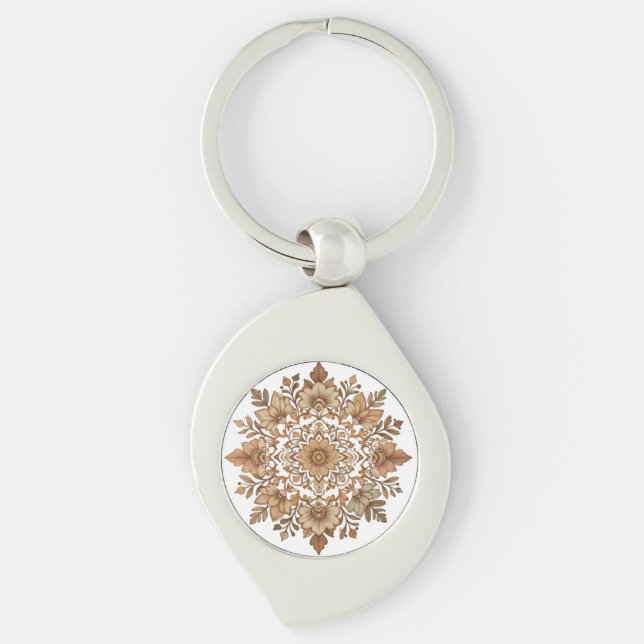 Porte-clés Mandala floral complexe aux tons bruns (Devant)