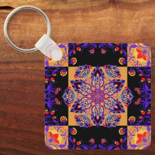 Porte-clés Mandala floral pourpre, nature violette
