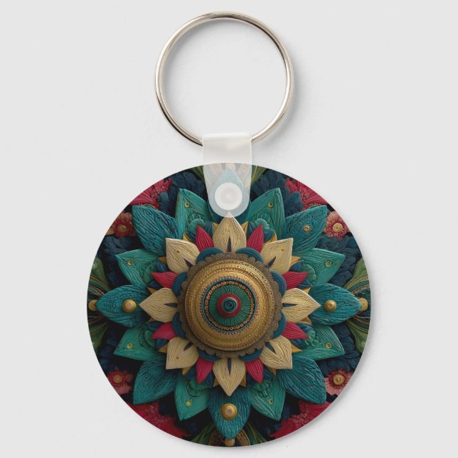 Porte-clés Mandala floral texturé complexe en sarcelle et or (Recto)