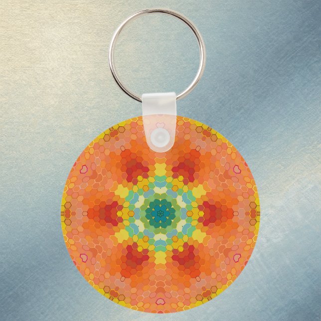 Porte-clés Mandala Hexagonal Orange Jaune Rouge et Bleu (Orange Yellow Red and Blue Hexagon Mandala Keychain by Wormhole Orbital)