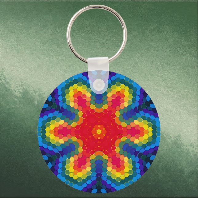 Porte-clés Mandala Hexagonal Rouge Jaune et Bleu (Red Yellow and Blue Hexagon Mandala Keychain by Wormhole Orbital)