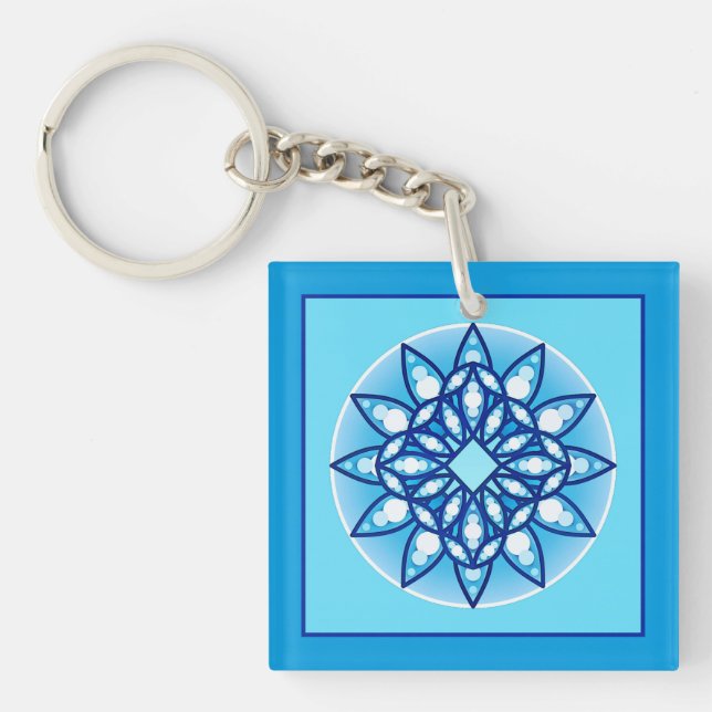 Porte-clés Mandala motif en bleu turquoise, cobalt & blanc (Devant)