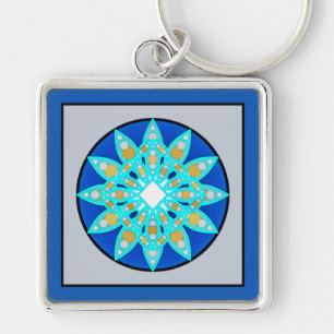 Porte-clés Mandala motif en cobalt, gris et turquoise