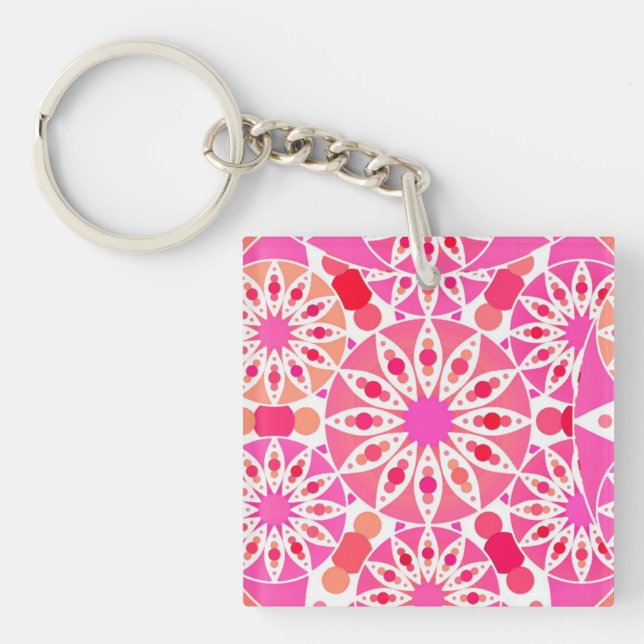 Porte-clés Mandala motif, tons rose et corail (Devant)