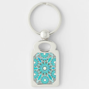 Porte-clés Mandala motif, turquoise, gris argenté et blanc