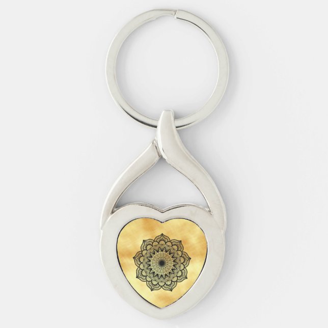 Porte-clés Mandala noir sur fond or doux (Devant)