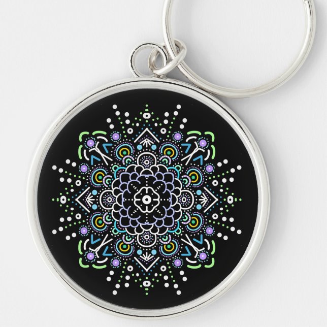 Porte-clés Mandala noir, violet et vert (Devant)