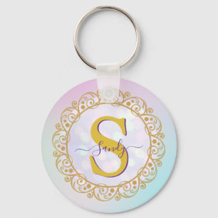Porte-clés Mandala personnalisé à monogramme or et bleu