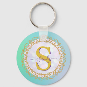 Porte-clés Mandala personnalisé à monogramme or et bleu