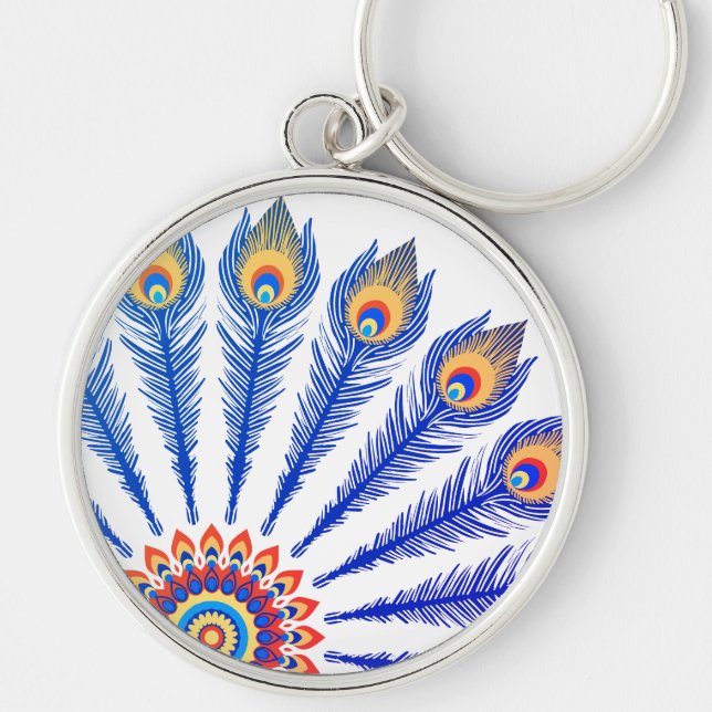 Porte-clés Mandala Plume de Paon Bleu - Boho Inde (Devant)