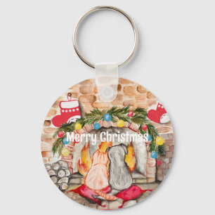 Porte-clés Manoir de Noël confortable avec chien et chat