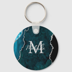 Porte-clés Marbre Agate Bleu Turquoise et Argent