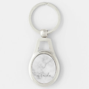 Porte-clés Marbre blanc de nom personnalisé de script moderne