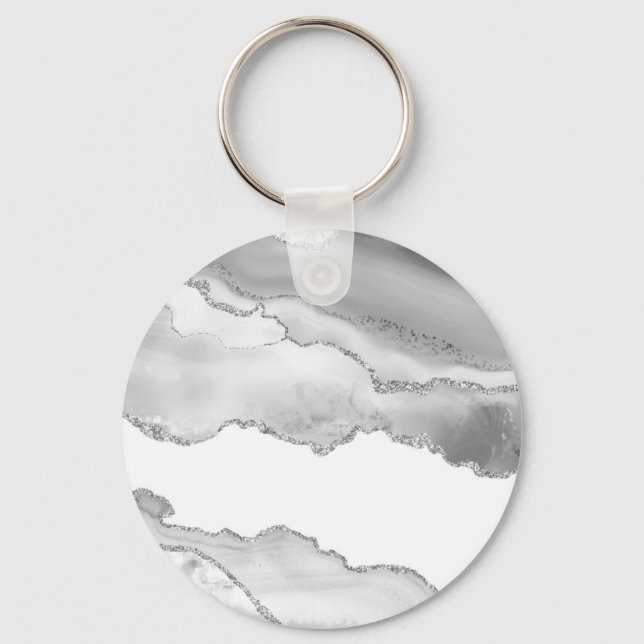 Porte-clés Marbre blanc gris Agate Parties scintillant argent (Recto)