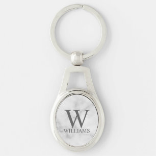 Porte-clés Marbre Blanc Monogramme et Nom Personnalisés