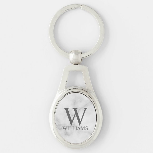 Porte-clés Marbre Blanc Monogramme et Nom Personnalisés  (Devant)