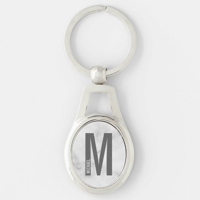 Porte-clés Marbre Blanc Monogramme et Nom Personnalisés Moder (Devant)
