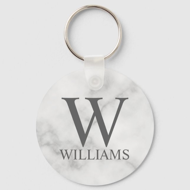 Porte-clés Marbre blanc Monogramme personnalisé et nom (Recto)