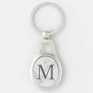 Porte-clés Marbre blanc Monogramme personnalisé et nom