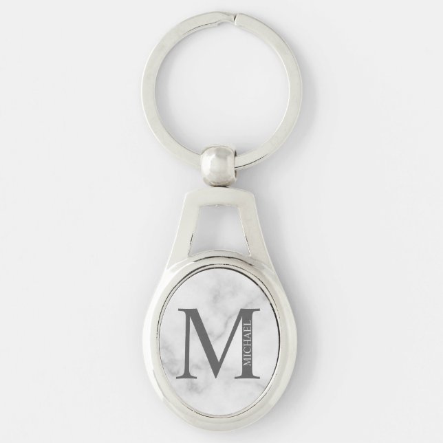 Porte-clés Marbre blanc Monogramme personnalisé et nom (Devant)