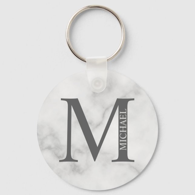 Porte-clés Marbre blanc Monogramme personnalisé et nom (Recto)