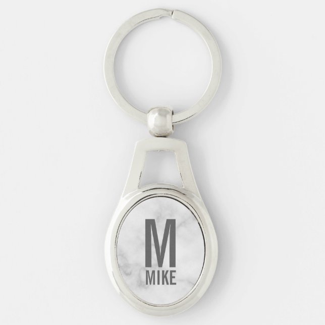 Porte-clés Marbre blanc Monogramme personnalisé et nom (Devant)