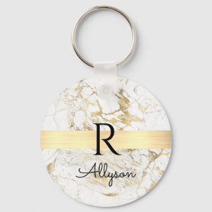 Porte-clés Marbre Blanc & Or Barre Dorée, Monogramme Nom Noir