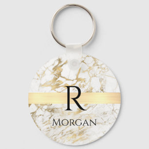 Porte-clés Marbre Blanc & Or Barre Or, DIY Monogramme Nom Noi