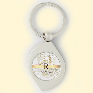 Porte-clés Marbre Blanc & Or, Barre Or, Monogramme Nom Noir