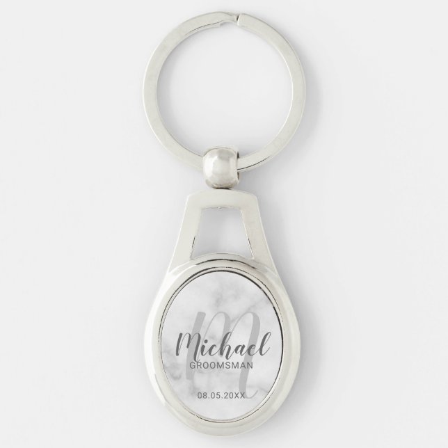 Porte-clés Marbre blanc Script moderne Groomsmen personnalisé (Devant)