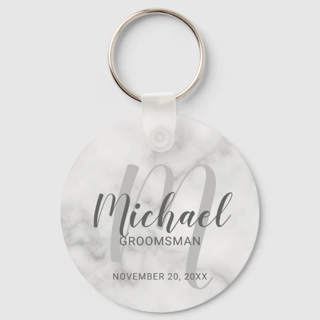 Porte-clés Marbre blanc Script moderne Groomsmen personnalisé (Recto)